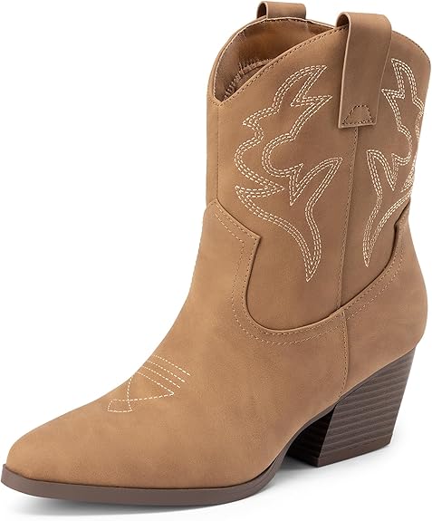 DREAM PAIRS Women's Cowboy Cowgirl Boots Embroidered Stitched Short Western Boots Low Chunky Heel Pointed Toe Ankle Booties