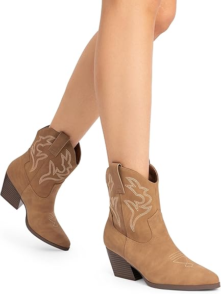 DREAM PAIRS Women's Cowboy Cowgirl Boots Embroidered Stitched Short Western Boots Low Chunky Heel Pointed Toe Ankle Booties