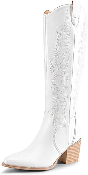DREAM PAIRS Womens Cowboy Boots Wide Calf Comfortable Pull On Zipper Chunky Heel Pointed Toe Embroidered Western Cowgirl Knee High Boots Girls Ladies Retro Tall Boot