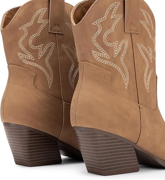 DREAM PAIRS Women's Cowboy Cowgirl Boots Embroidered Stitched Short Western Boots Low Chunky Heel Pointed Toe Ankle Booties